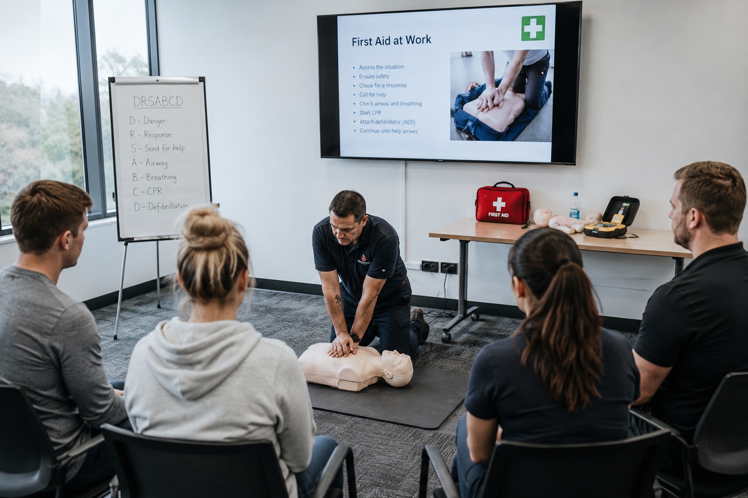 TQBS trainer delivering a Provide First Aid CPR session to a workplace group at an onsite training room in North West NSW